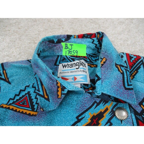 VINTAGE Wrangler Shirt Women Small Blue Turquoise Button Up Aztec Navajo Western - Picture 5 of 12
